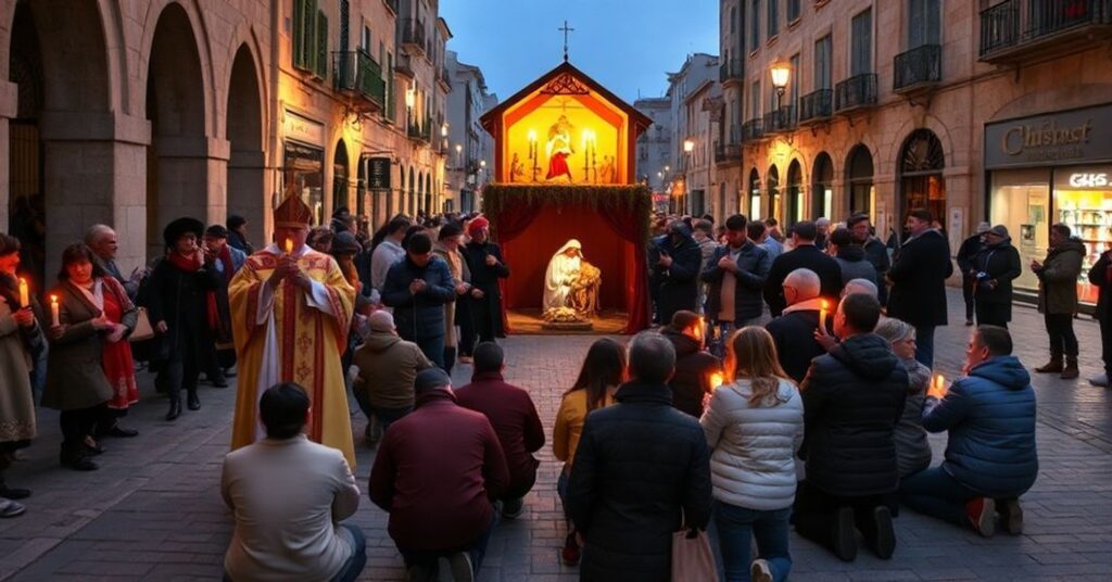 A traditional Catholic procession in Bethlehem's Manger Square during Christmas, emphasizing reverence and the true meaning of the Nativity.