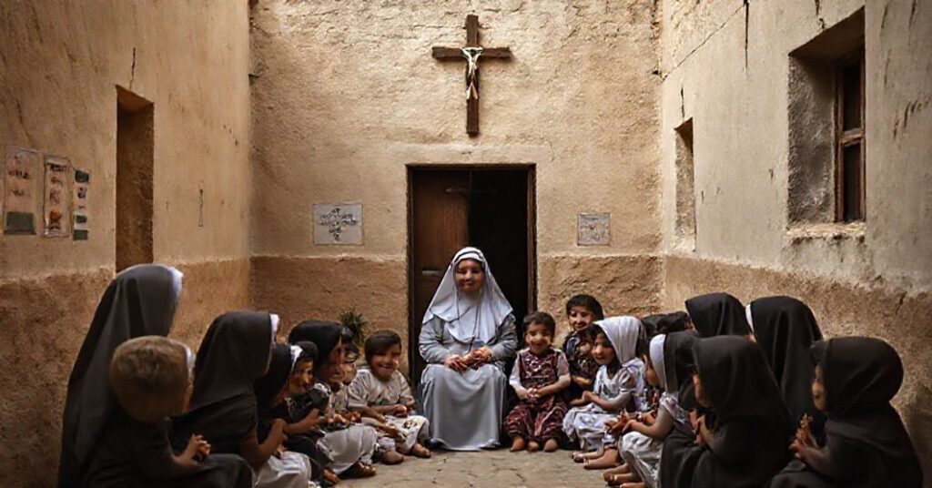 Sister Laudy Fares with orphaned children at Bethlehem orphanage, symbolizing naturalistic charity over supernatural mission.