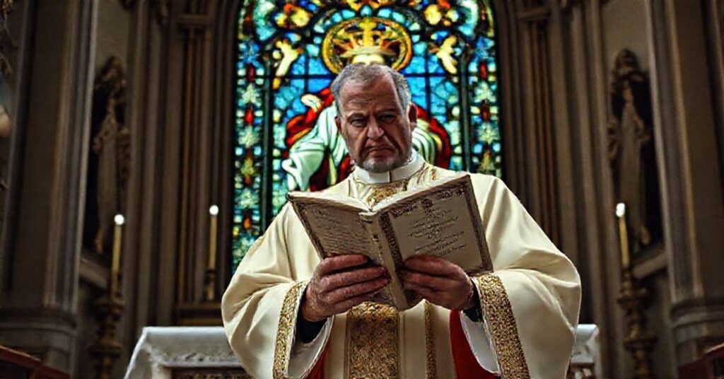 Catholic priest in traditional vestments holding Pope Leo XIV's 'Human Fraternity' book, standing before a stained-glass window of Christ the King in a richly decorated church interior.