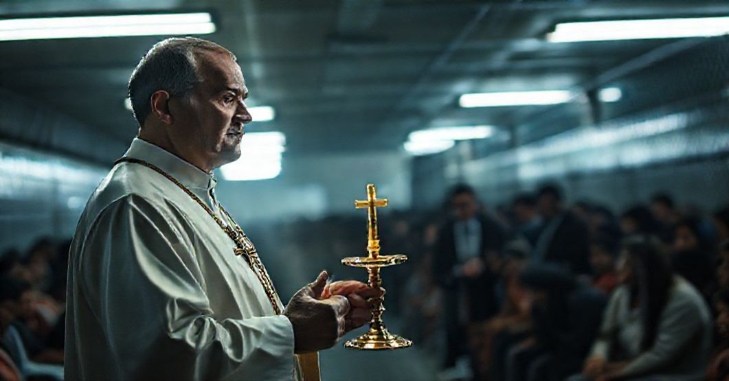 A Catholic priest holding the Blessed Sacrament in a detention center, surrounded by immigrants, highlighting the denial of sacraments and the betrayal of Catholic sovereignty.