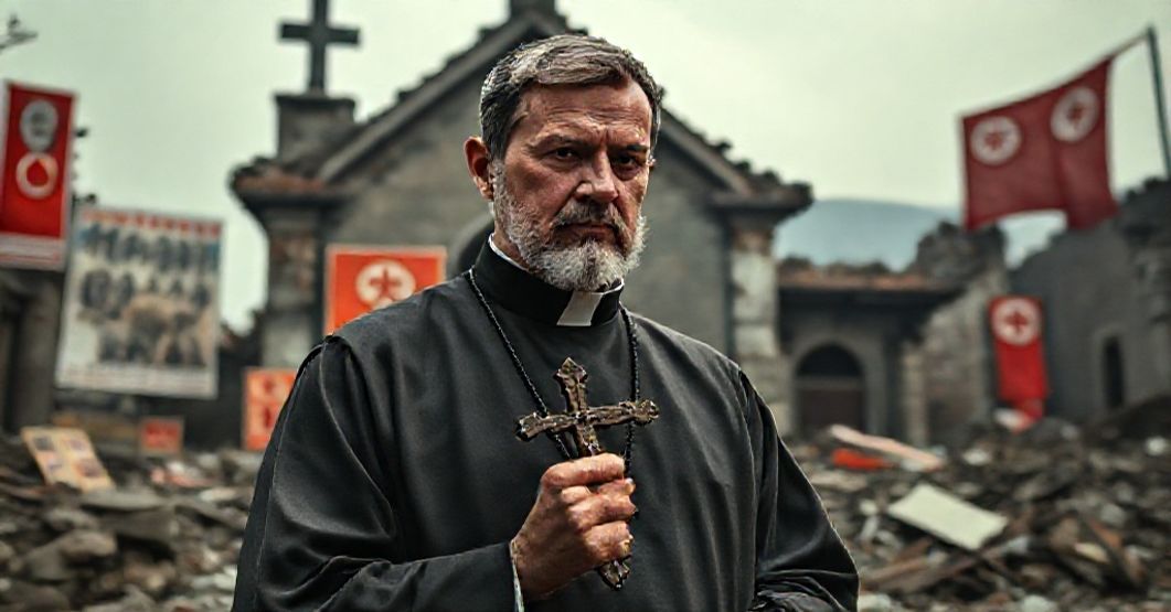 A sedevacantist priest stands in sorrow before a destroyed Chinese Catholic church, symbolizing the betrayal of authentic Catholicism by Vatican syncretism.