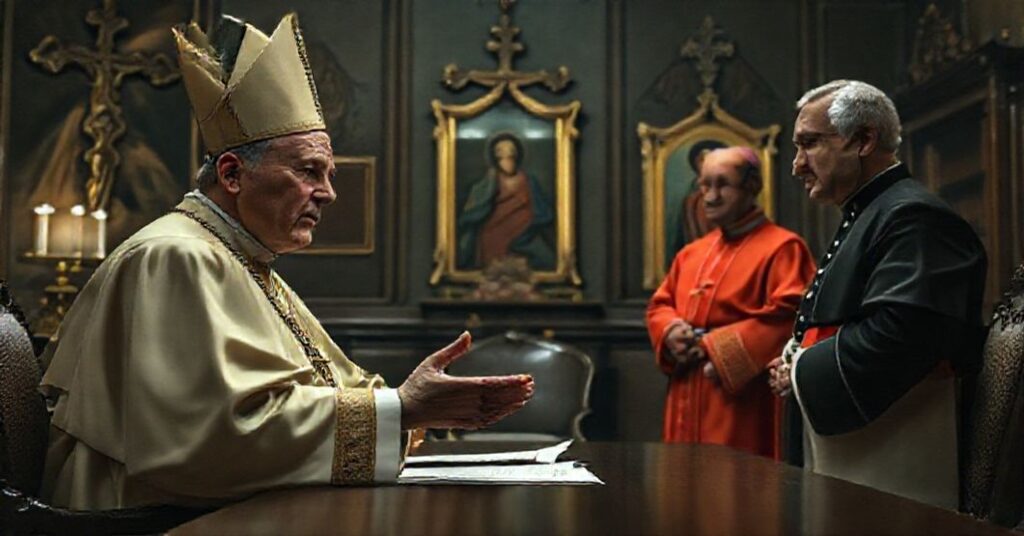 Antipope Leo XIV (Robert Prevost) and Governor JB Pritzker in a solemn meeting at Castel Gandolfo regarding assisted suicide legislation.