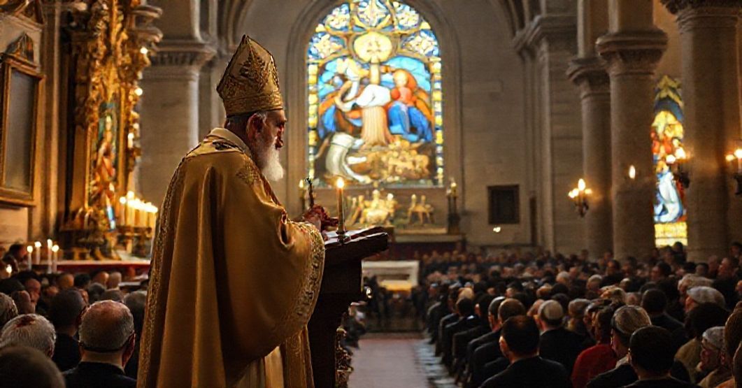 Portrait of 'Cardinal' Pierbattista Pizzaballa delivering a Christmas homily in Bethlehem's Church of the Nativity, contrasting modernist naturalism with the supernatural reality of Christ's Kingship.