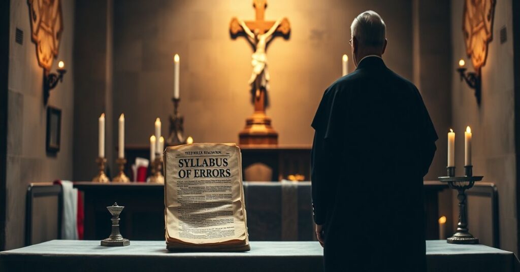 Old church altar with Syllabus of Errors and crucifix, symbolizing the betrayal of traditional Catholic doctrine by Joseph Ratzinger (Benedict XVI).