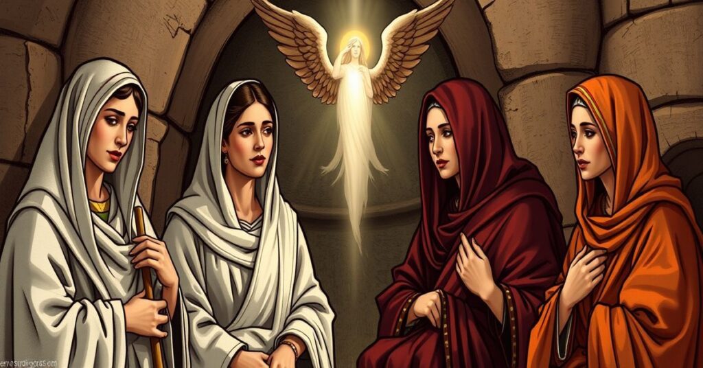 Depiction of biblical matriarchs in a traditional Catholic setting, emphasizing their divine roles in salvation history.