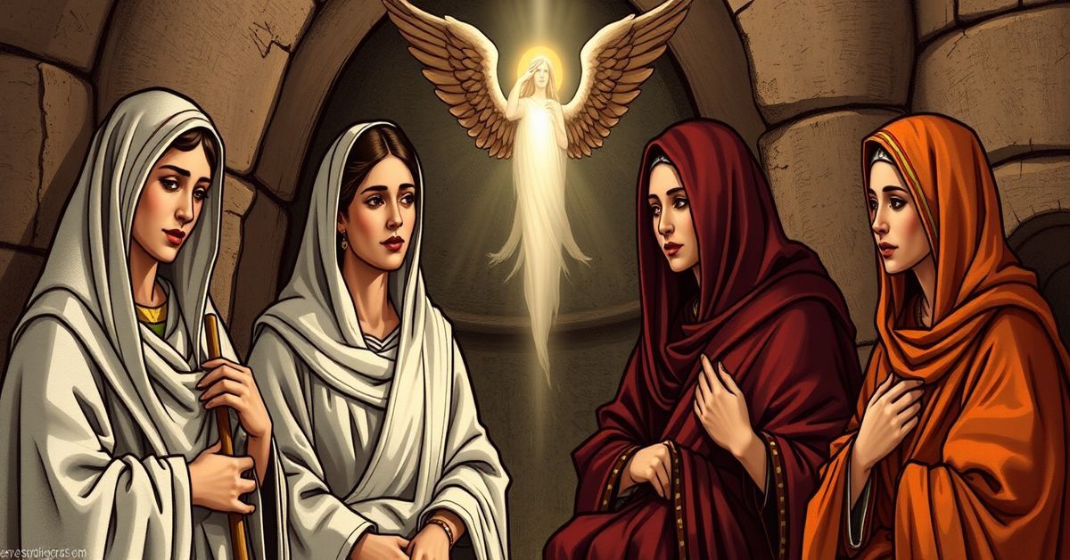 Depiction of biblical matriarchs in a traditional Catholic setting, emphasizing their divine roles in salvation history.