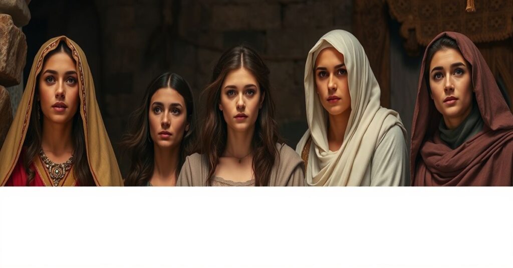 Depiction of biblical women Sarah, Hagar, Rebekah, Leah, and Rachel in a reverent setting, emphasizing their theological significance.