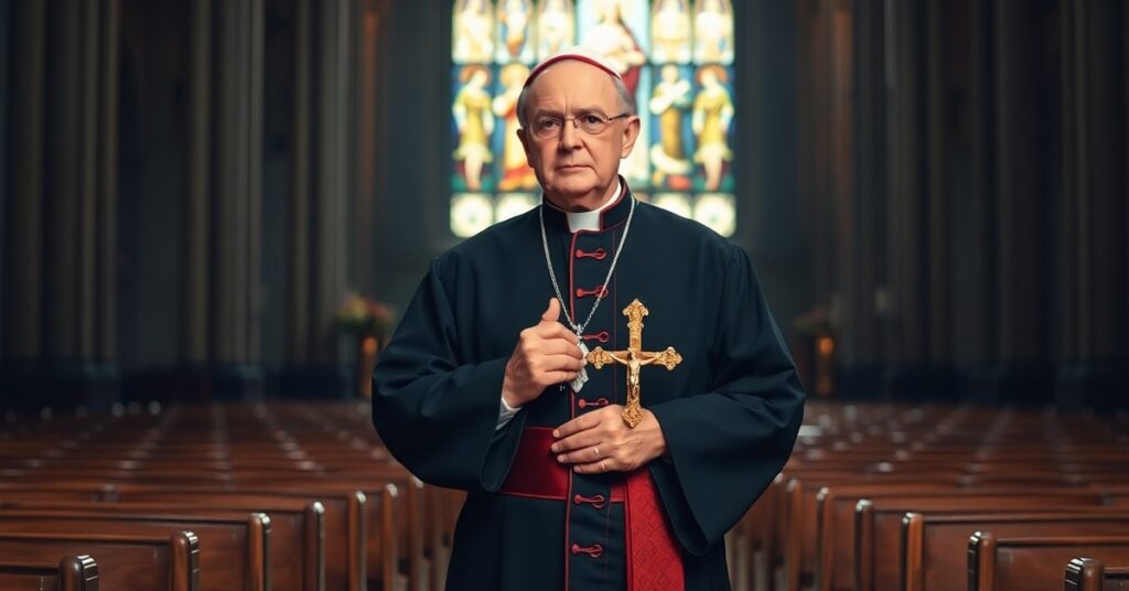 A Catholic bishop in traditional attire stands solemnly in an empty cathedral under stained glass depicting Christ the King, reflecting concern over the abandonment of Catholic social teaching.