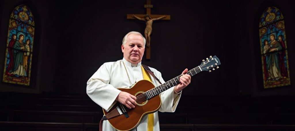 Bishop Robert Barron performing Bob Dylan song in empty church with guitar and harmonica.