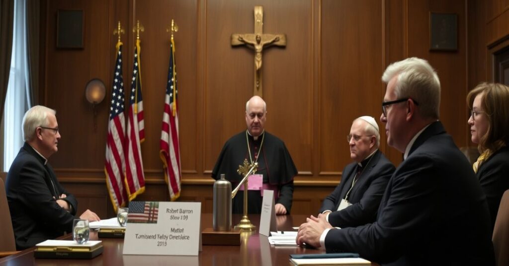 A somber image depicting Robert Barron and other modernist prelates in a U.S. government commission hearing room, symbolizing the apostasy of the neo-church.