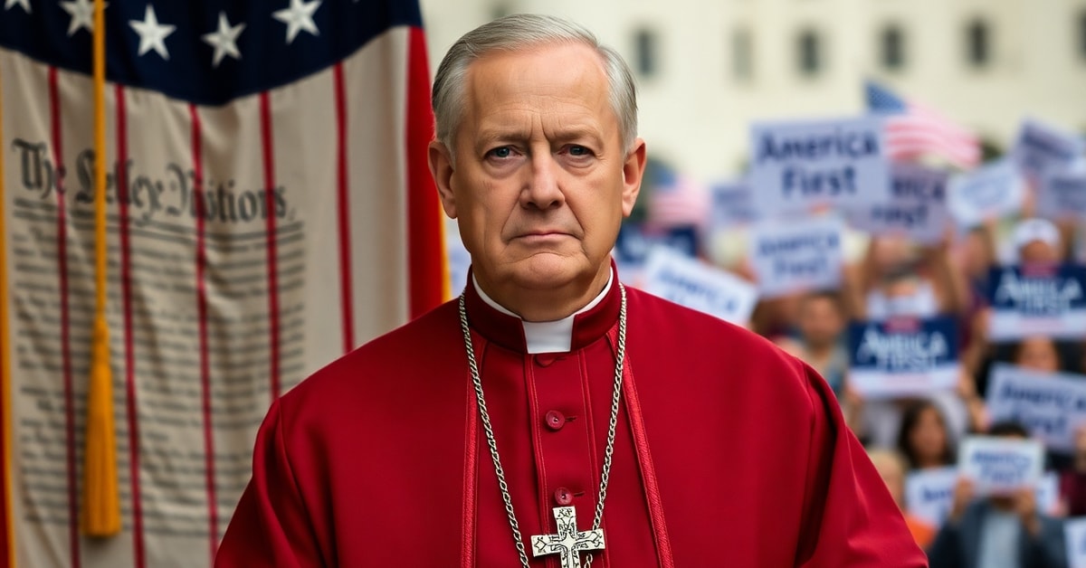 Bishop Mark Brennan in front of an American flag and Constitution, symbolizing the heresy of Americanism.