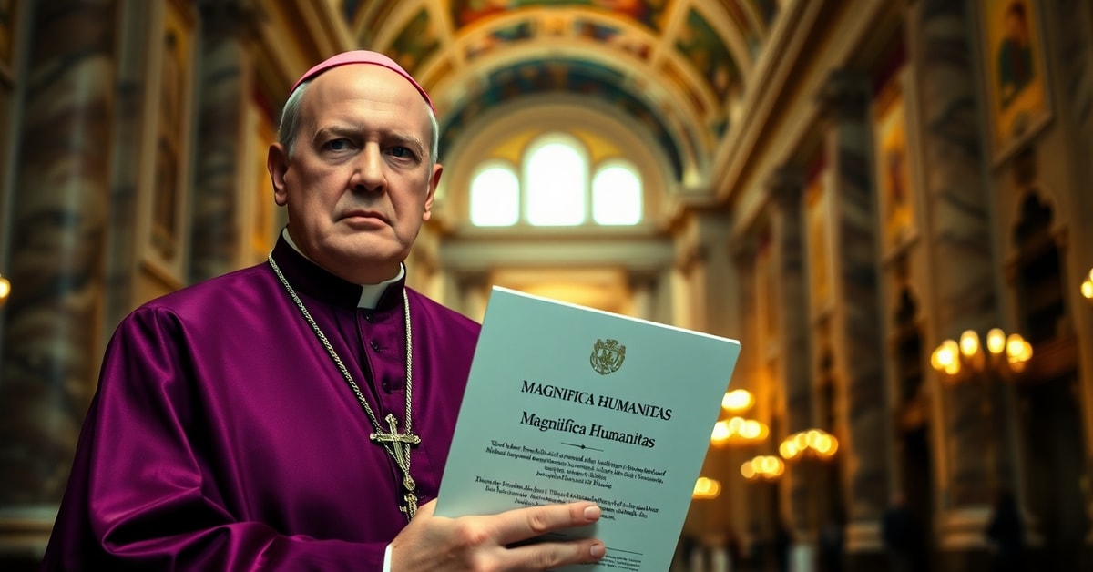 Bishop Brislin holding encyclical Magnifica Humanitas in Vatican hall