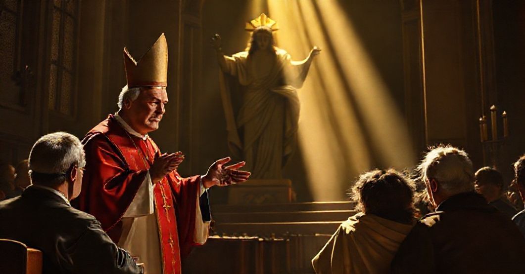 Bishop Burbidge's Immigration Comments Undermine Christ's Social Kingship Bishop Michael Burbidge speaks on immigration in a Catholic church with Christ the King statue in the background, highlighting the conflict between human policies and divine law.
