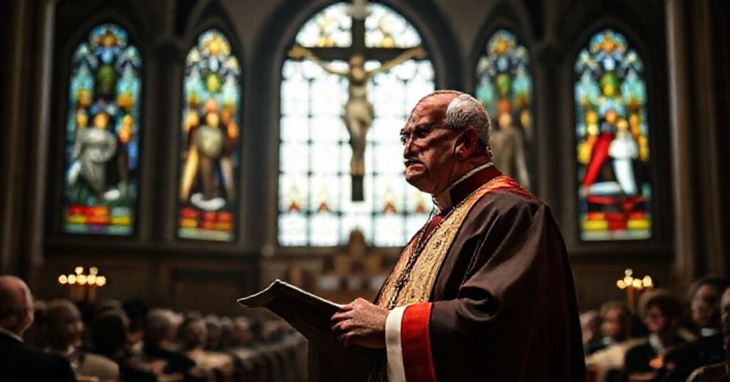 Catholic bishop in traditional vestments condemning modernist apostasy on capital punishment.