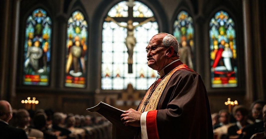 Catholic bishop in traditional vestments condemning modernist apostasy on capital punishment.