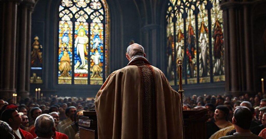 Catholic bishop in traditional vestments addresses faithful in a grand cathedral, defending Catholic sovereignty against modernist heresies.