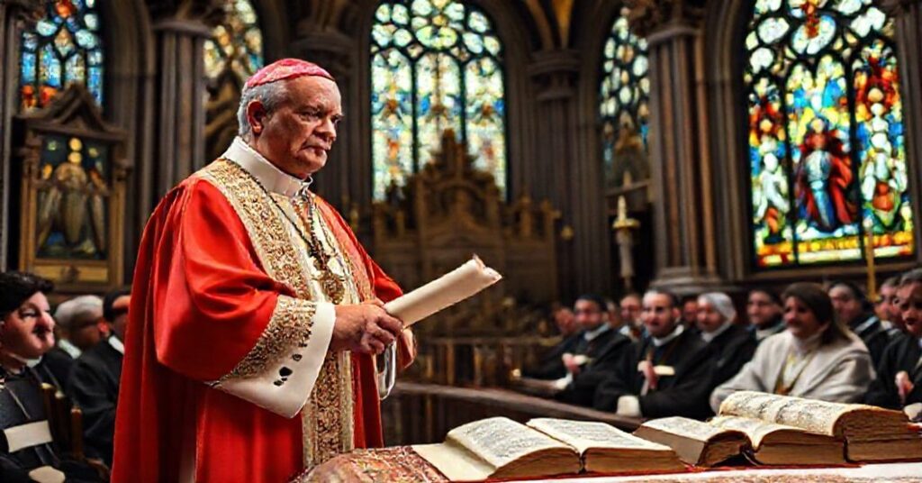 A solemn Catholic bishop in traditional vestments addresses participants of a juridical-pastoral training course in a grand cathedral sacristy, symbolizing the sacramental integrity of marriage against the conciliar sect's nullity reforms.