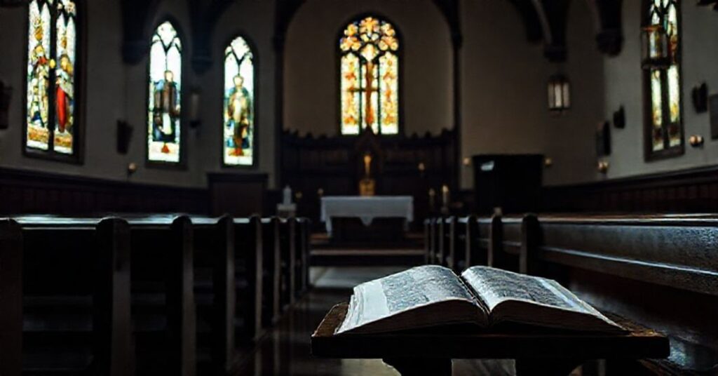 Empty Catholic church interior during Sunday Mass due to dispensation by Bishop Earl Fernandes for immigrants fearing detention.