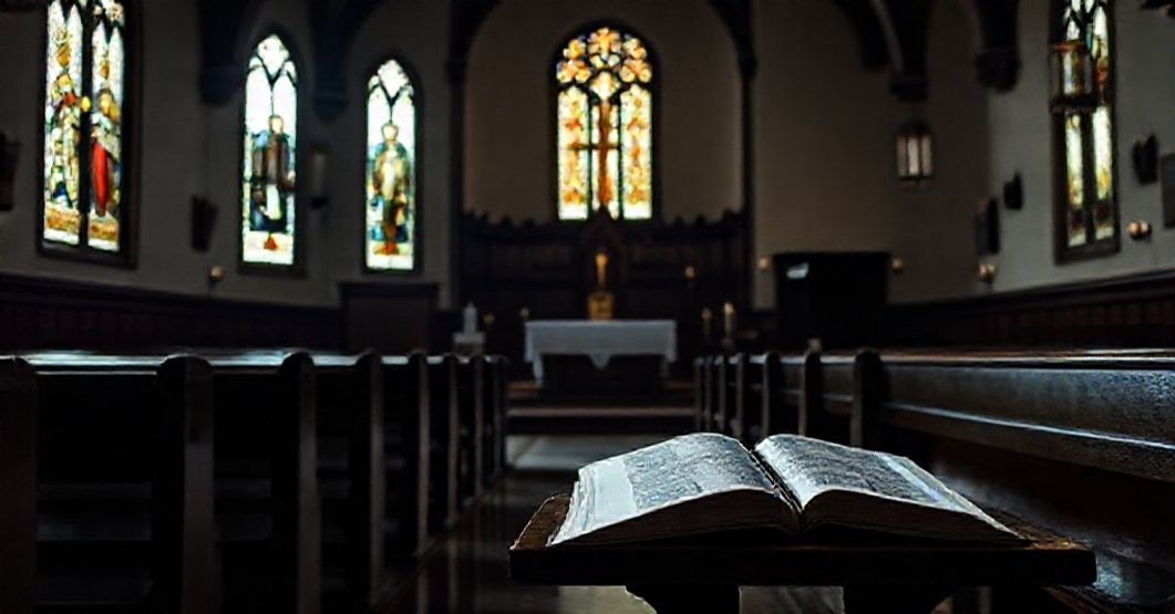 Empty Catholic church interior during Sunday Mass due to dispensation by Bishop Earl Fernandes for immigrants fearing detention.