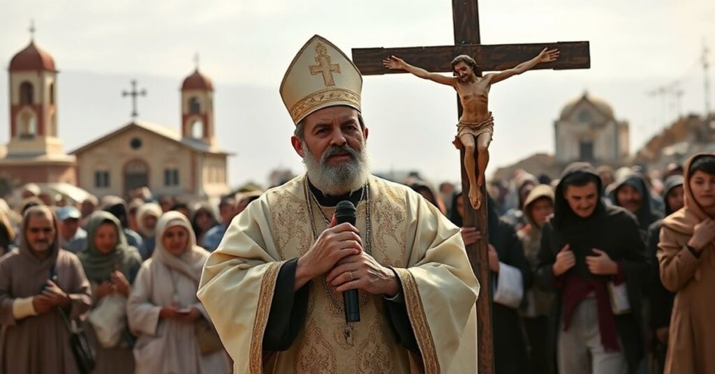 Bishop Paolo Martinelli delivering an Easter message in a war-torn Middle Eastern setting, emphasizing faith amidst adversity.