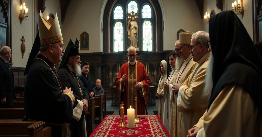 Bishop Earl Fernandes meets Ukrainian clergy in a church setting, highlighting the absence of Christ's Social Kingship.