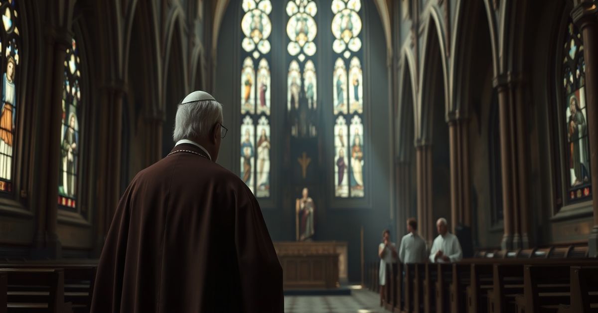 Solemn portrait of Bishop Gaspard Béby Gnèba in a desolate cathedral, symbolizing the spiritual void of the post-Vatican II Church.
