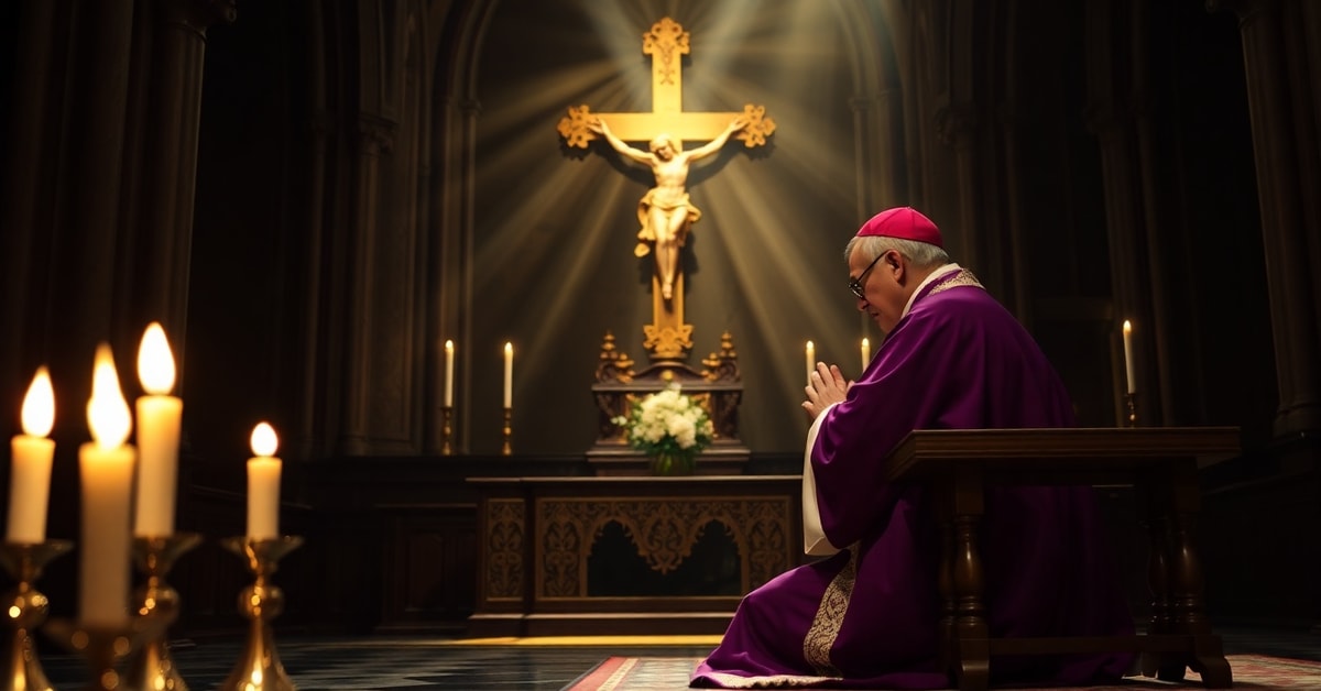 Traditional Catholic bishop in prayer before crucifix symbolizing opposition to modernist bishops' surrender to secular authority on social media and child protection.