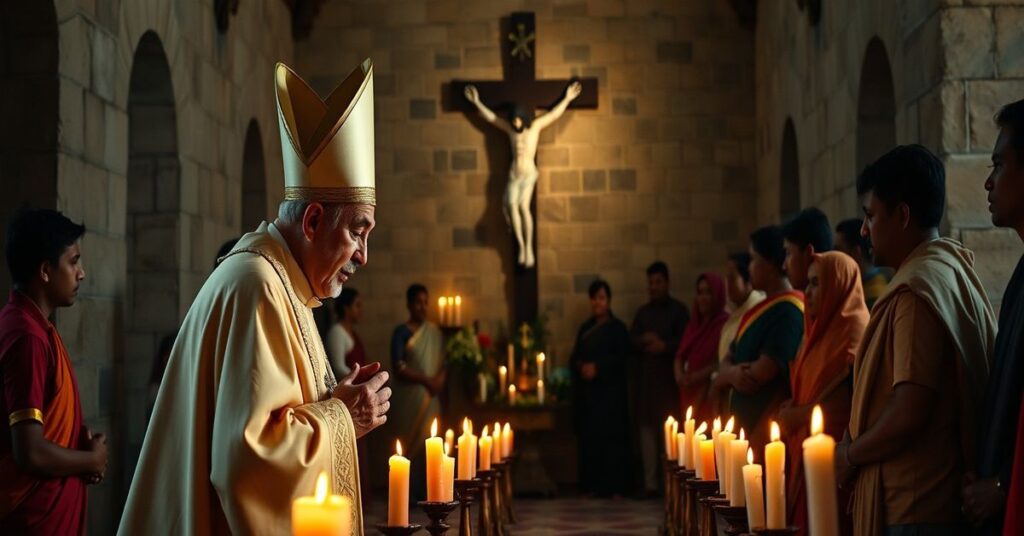 A solemn bishop in traditional Catholic vestments kneels in prayer before a crucifix in a candlelit chapel in Bangladesh.