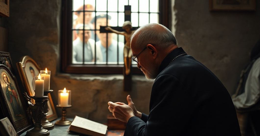 Portrait of Bishop Julius Jia Zhiguo - Faith Amidst Persecution Portrait of Bishop Julius Jia Zhiguo praying in a modest chapel, symbolizing faith amidst persecution in China.