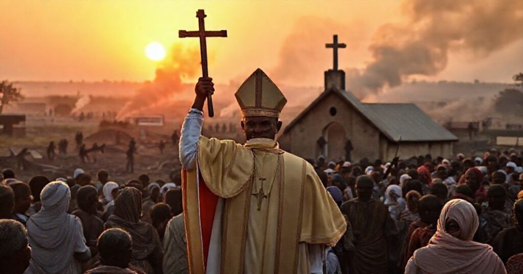 Traditional Catholic bishop in pre-Vatican II vestments stands before a burned Nigerian church with grieving faithful and distant smoke from persecution.