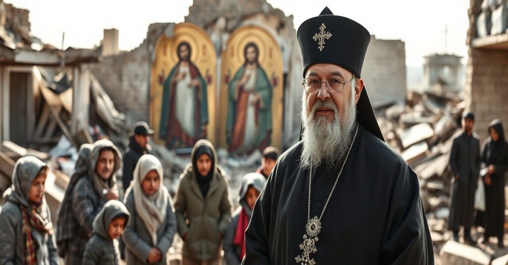 Bishop Maksym Ryabukha stands in war-torn Ukraine, surrounded by displaced families, with a tattered icon of the Sacred Heart in the background.