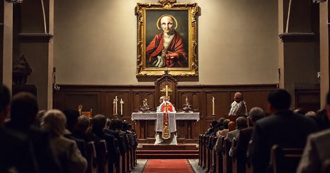 A solemn Catholic church interior with a group of illegal aliens hiding near the entrance, avoiding immigration officers outside. Bishop Michael T. Martin addresses the congregation with a concerned expression, while a portrait of antipope Leo XIV hangs in the background.