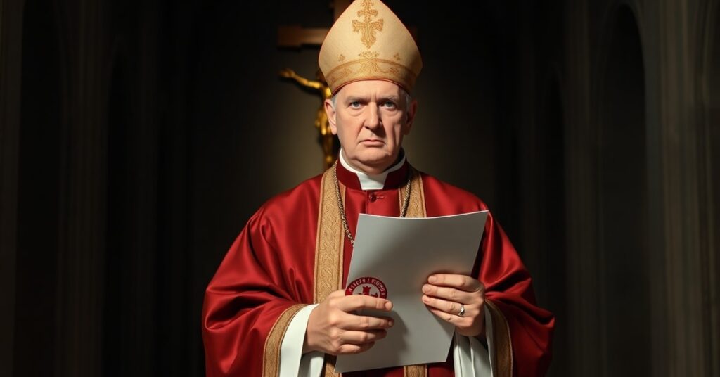 A Catholic bishop in traditional vestments holds a political petition linked to Communist ideology while standing before a crucifix in a cathedral.
