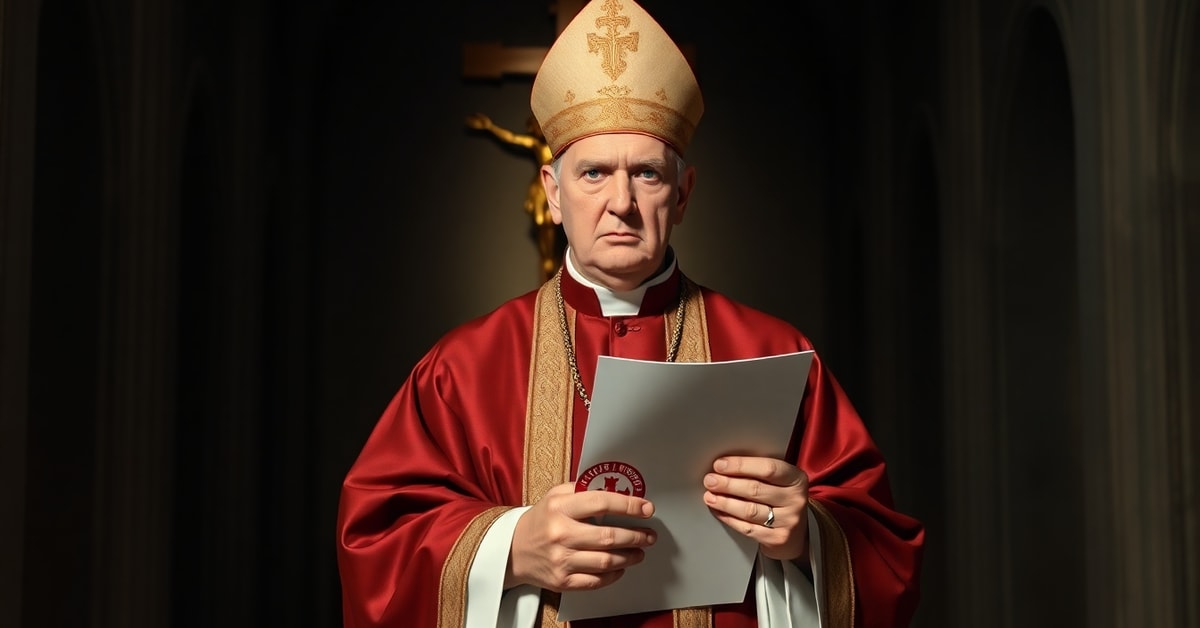 A Catholic bishop in traditional vestments holds a political petition linked to Communist ideology while standing before a crucifix in a cathedral.
