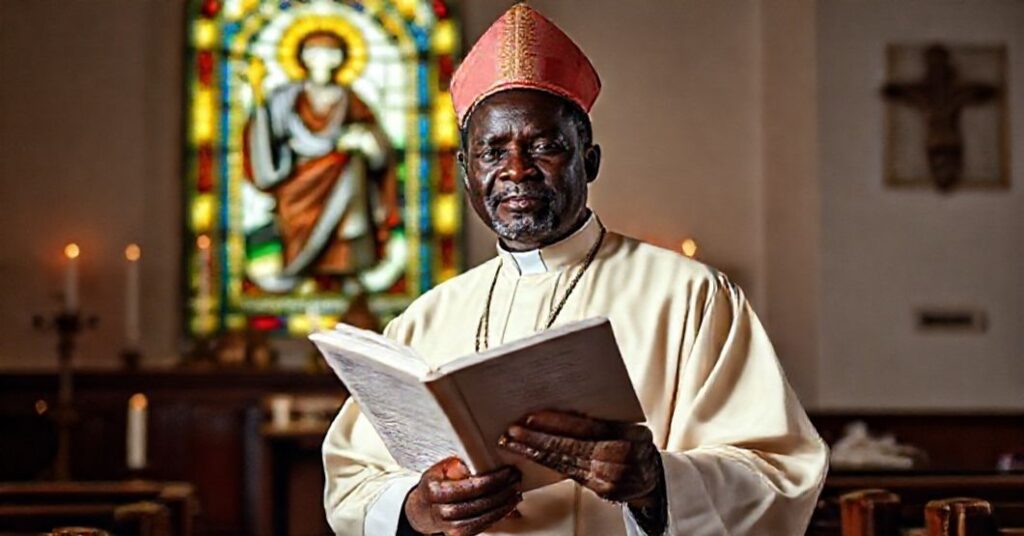 Bishop Stephano Lameck Musomba in a solemn Catholic church interior with a stained-glass window of Christ the King.