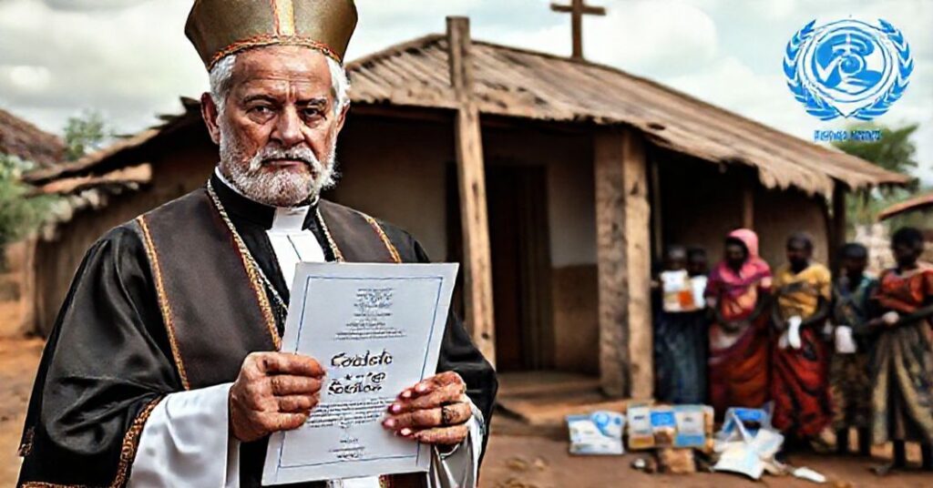 A solemn Catholic bishop standing before an African chapel with villagers receiving aid, depicting the spiritual crisis of charity without sacraments.