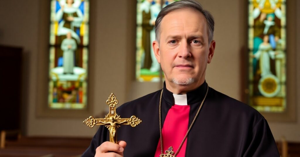 Bishop Thomas Paprocki standing in a traditional church setting, holding a crucifix, with a solemn expression.