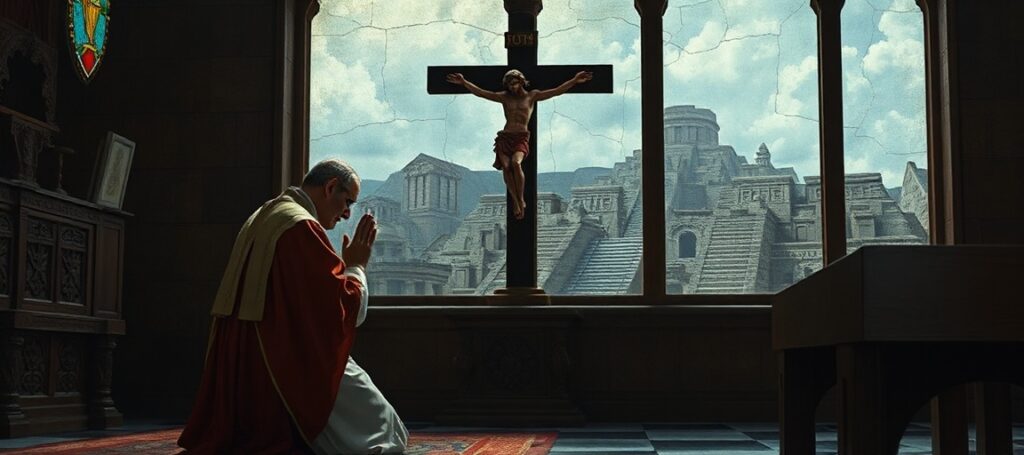A traditional Catholic bishop kneeling in prayer before a crucifix with the ruins of Teotihuacán visible through a stained-glass window.