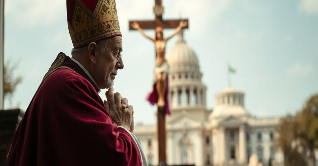 Traditional Catholic bishop kneeling in prayer before a crucifix with Christ the King in the background, juxtaposed with a modern government building.