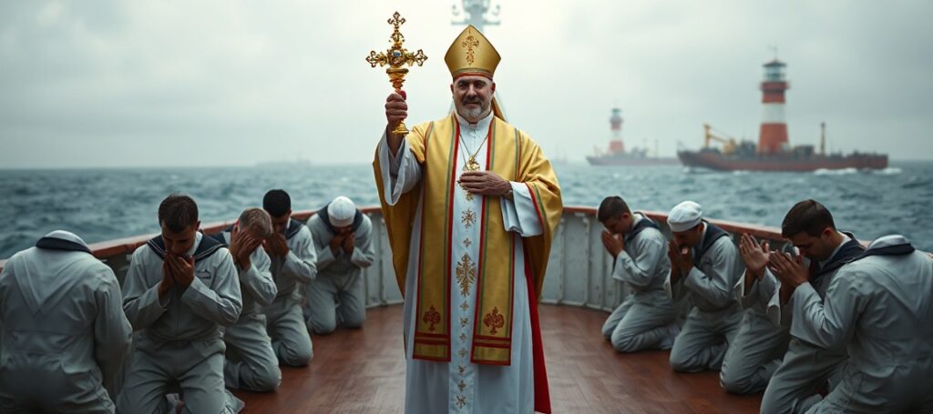 Bishop Frank Schuster holding the Blessed Sacrament aboard a ship with praying seafarers, emphasizing the sacred mission of salvation over humanitarian aid.