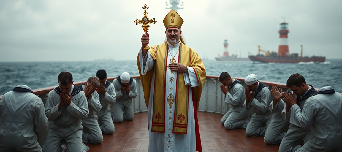 Bishop Frank Schuster holding the Blessed Sacrament aboard a ship with praying seafarers, emphasizing the sacred mission of salvation over humanitarian aid.