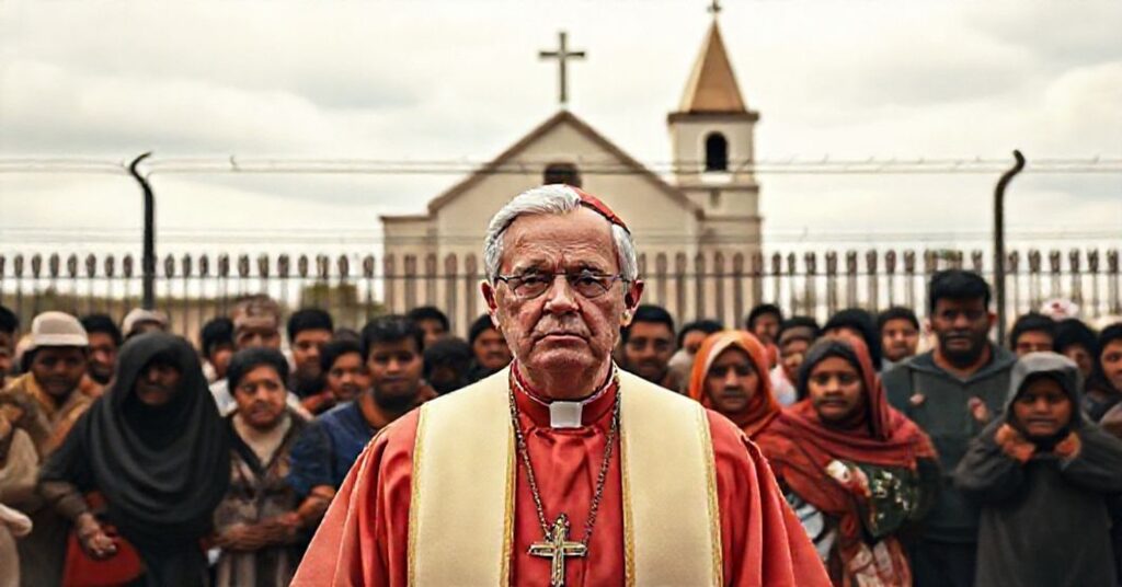 Bishop Mark Seitz of El Paso stands before a border fence, symbolizing the betrayal of Catholic doctrine on immigration.