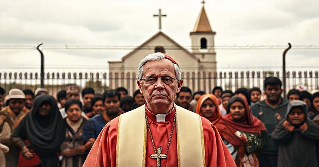 Bishop Mark Seitz of El Paso stands before a border fence, symbolizing the betrayal of Catholic doctrine on immigration.