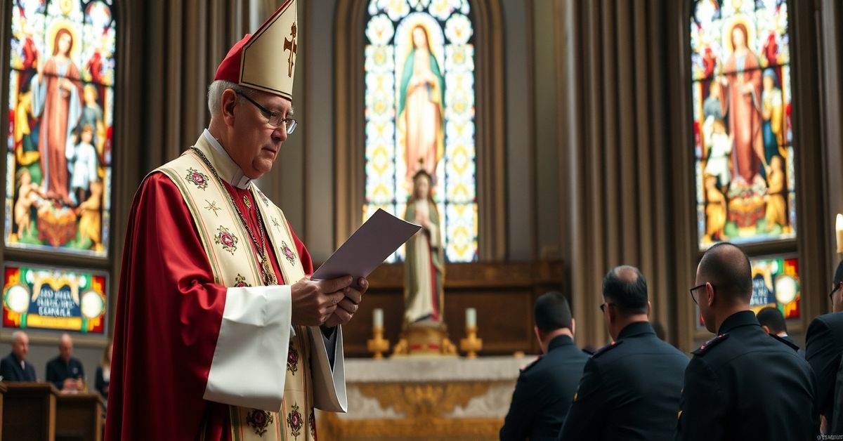 A solemn Catholic bishop in traditional vestments stands in a grand cathedral with law enforcement officers kneeling before him, holding a pastoral letter.