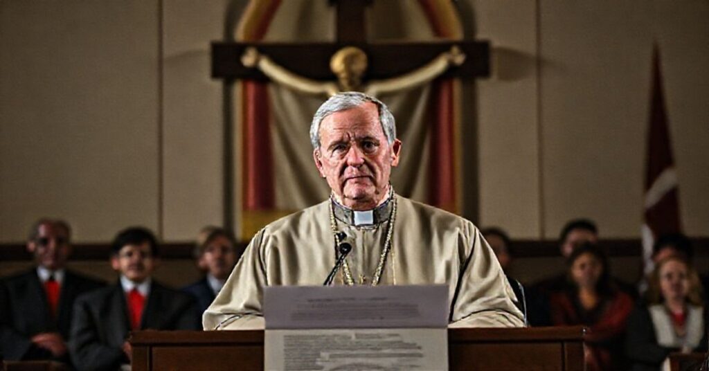 A somber depiction of "Bishop" Mark Seitz endorsing the Dignity Act at a USCCB committee meeting, symbolizing the distortion of Catholic social doctrine.