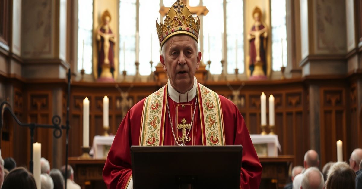 A solemn Catholic bishop in traditional vestments delivering a sermon on modernist compromise in the Church.