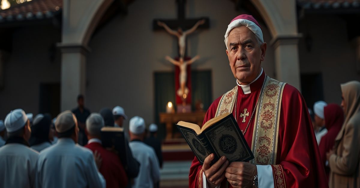A Catholic bishop in traditional vestments stands solemnly before a Filipino chapel, holding a Quran and Bible side by side as Muslims and Catholics engage in a shared prayer ritual.