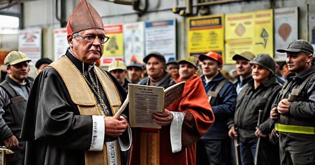 Bishop in traditional vestments stands before workers in a factory setting, emphasizing Christ's Social Kingship over modernist labor errors.