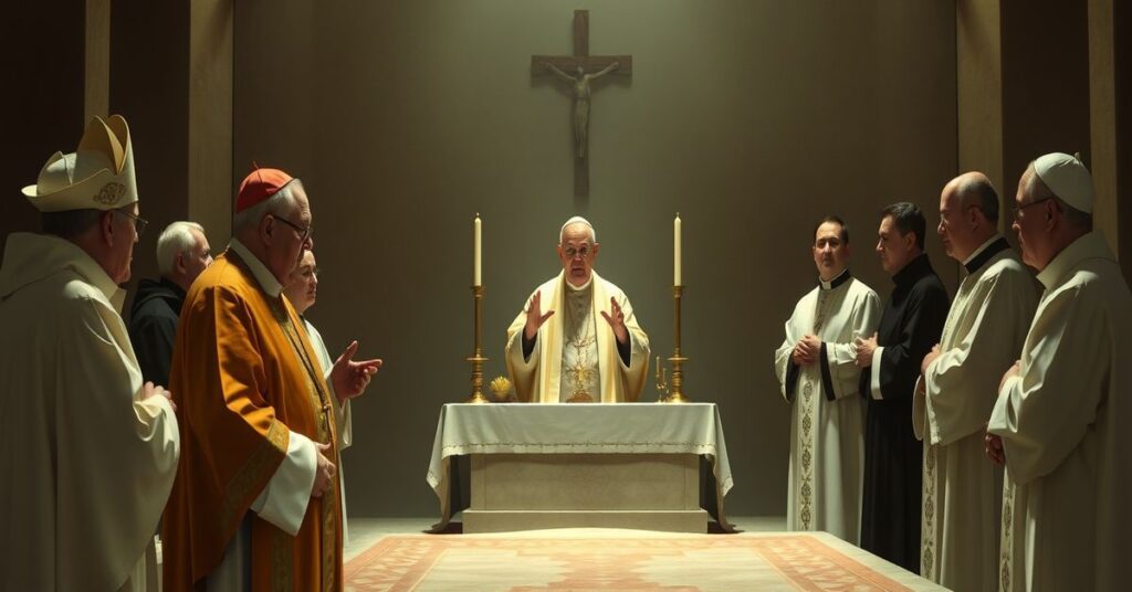 Bishop Erik Varden giving a Lenten retreat to Pope Leo XIV and the Roman Curia in a Vatican chapel, reflecting naturalistic heresy and apostasy.