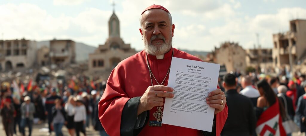 A traditional Catholic bishop appeals for peace in war-torn Lebanon, holding a letter to President Trump.